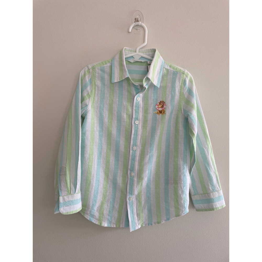 Janie and Jack x Gray Malin Boys Striped Linen Cotton Shirt Green Blue Size 4 - Picture 2 of 12